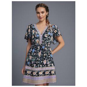 **CUPSHE** Mini Summer Dress V Neck A-Line Ruching Flared Sleeve Boho M